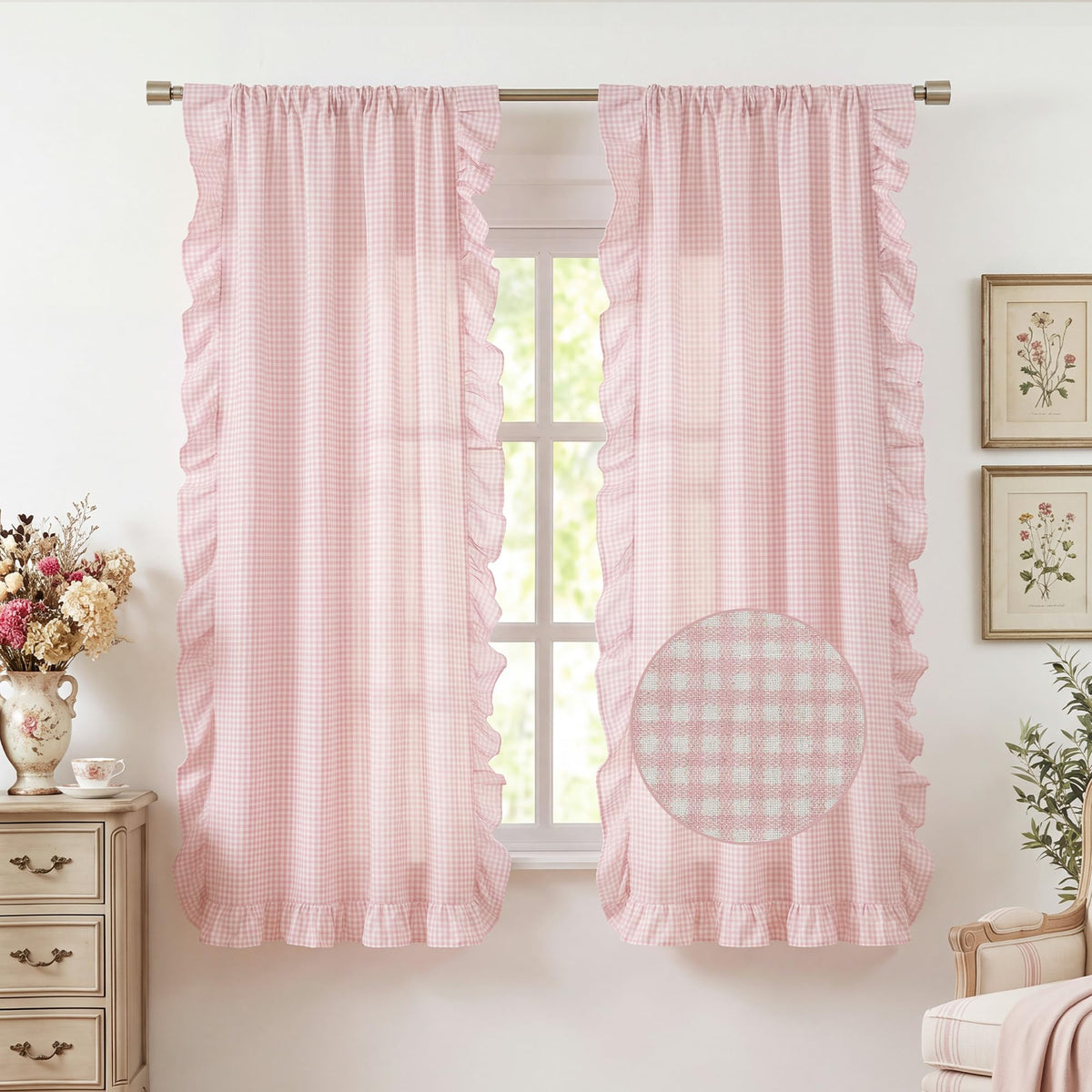NICETOWN Sage Green Buffalo Plaid Ruffle Curtains 84 Inches Long for Bedroom, Privacy Linen Sheer Rococo Shabby Chic Window Gingham Drapes for Living Room, Rod Pocket, 40" W x 84" L, 2 Panels