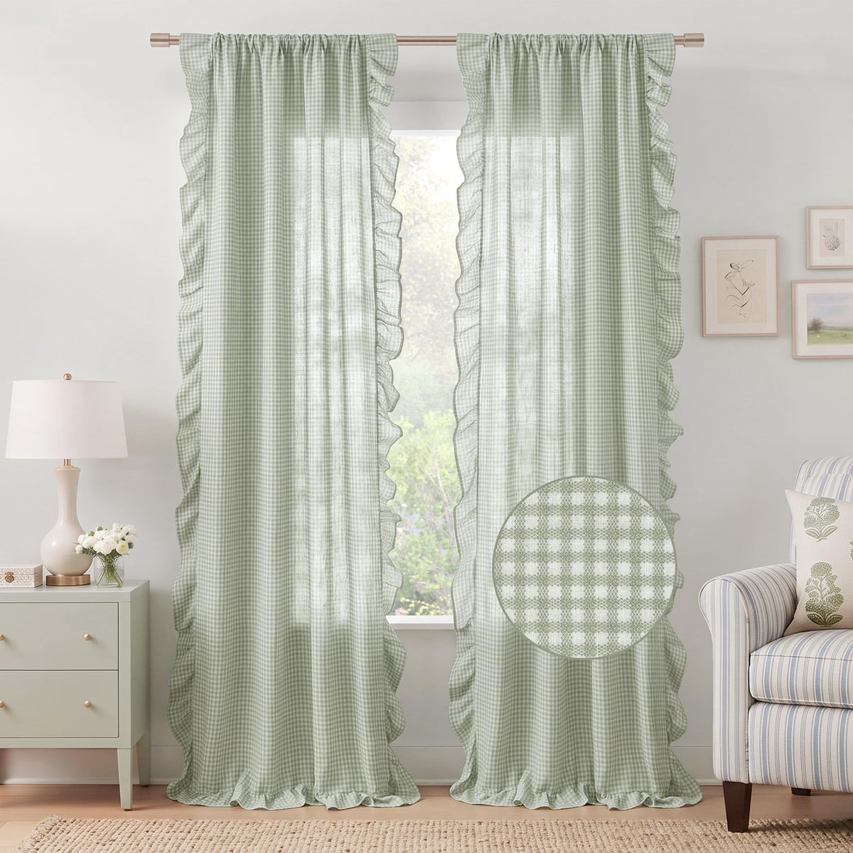 NICETOWN Sage Green Buffalo Plaid Ruffle Curtains 84 Inches Long for Bedroom, Privacy Linen Sheer Rococo Shabby Chic Window Gingham Drapes for Living Room, Rod Pocket, 40" W x 84" L, 2 Panels