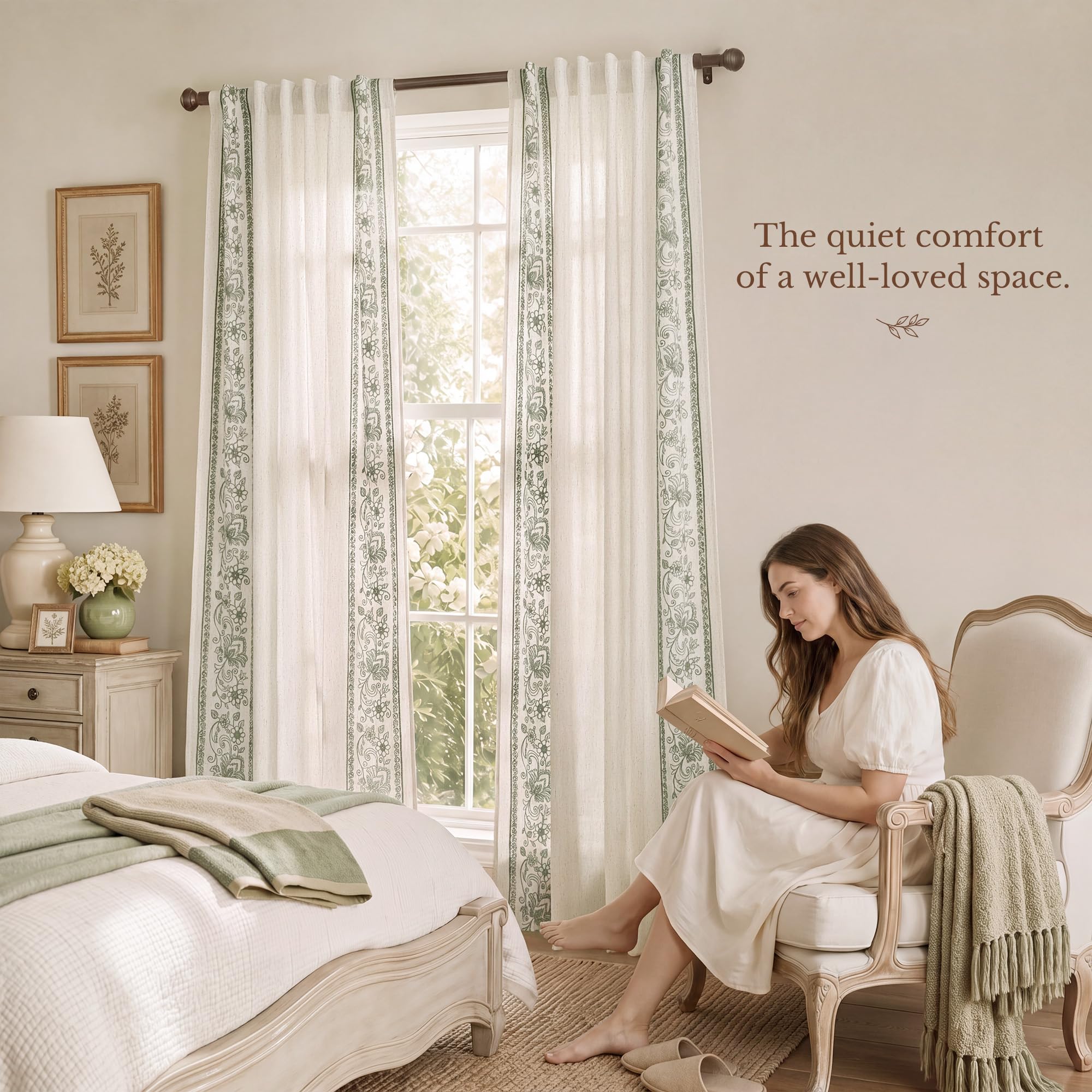 Floral Embroidered Linen Ready Made Curtains - Pair