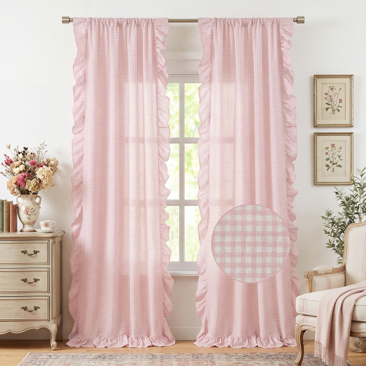 NICETOWN Sage Green Buffalo Plaid Ruffle Curtains 84 Inches Long for Bedroom, Privacy Linen Sheer Rococo Shabby Chic Window Gingham Drapes for Living Room, Rod Pocket, 40" W x 84" L, 2 Panels