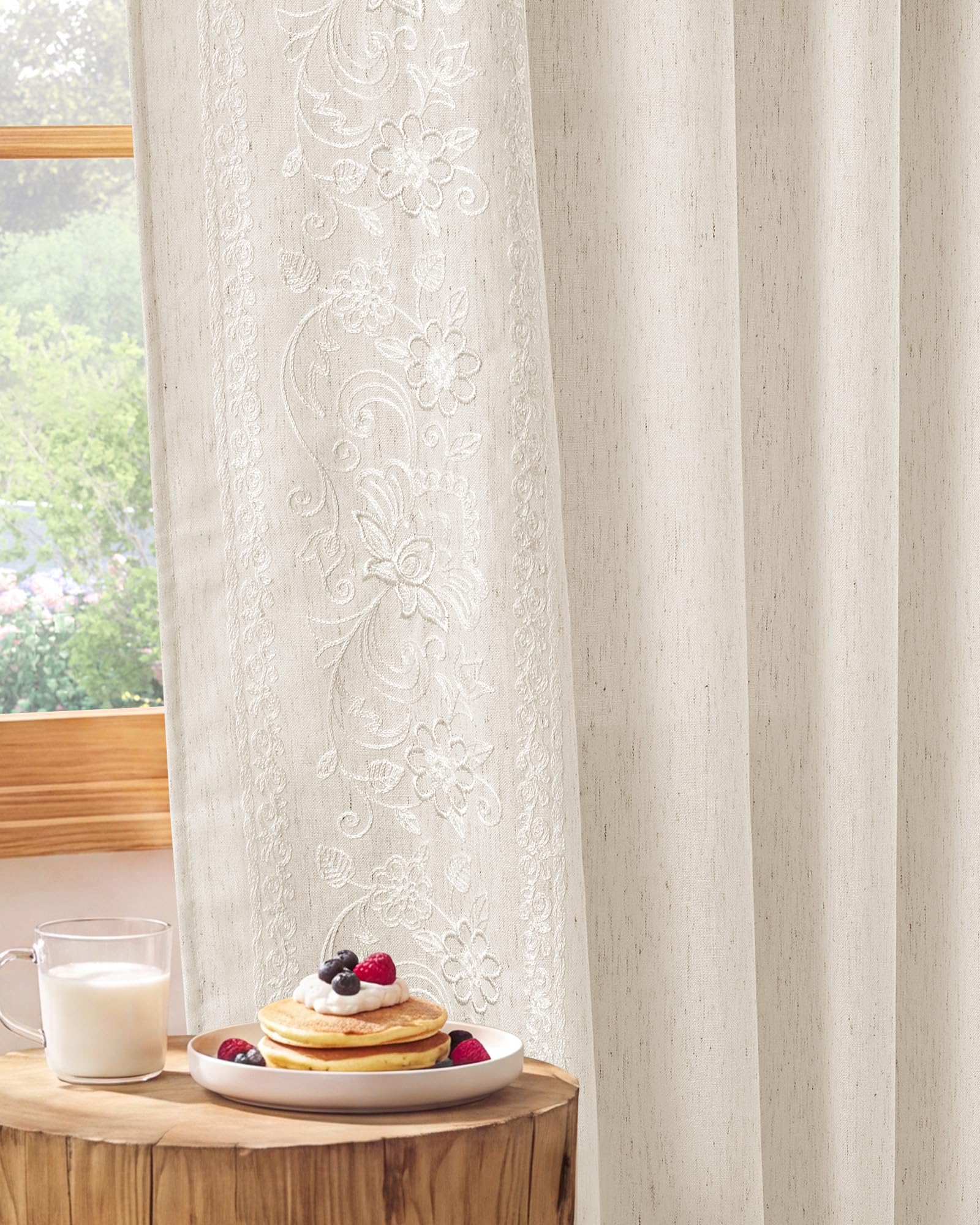Floral Embroidered Linen Ready Made Curtains - Pair