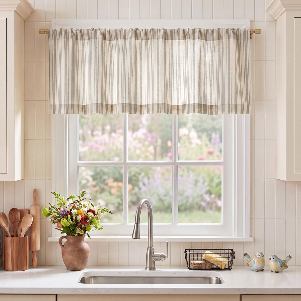 NICETOWN Beige Linen Striped Cafe Curtains 24 inches Long for Window