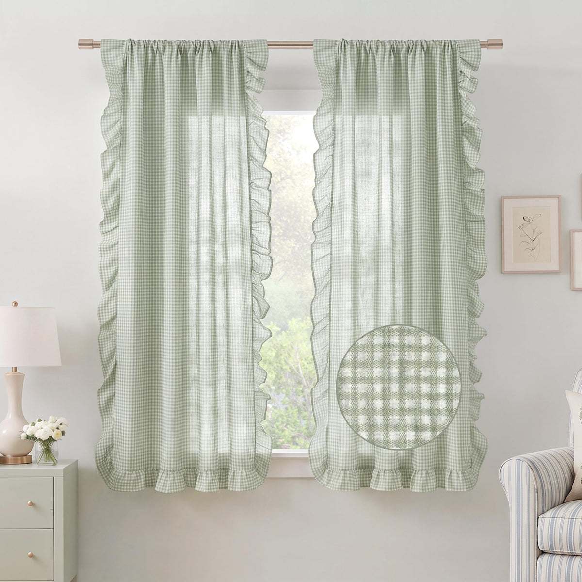 NICETOWN Sage Green Buffalo Plaid Ruffle Curtains 84 Inches Long for Bedroom, Privacy Linen Sheer Rococo Shabby Chic Window Gingham Drapes for Living Room, Rod Pocket, 40" W x 84" L, 2 Panels