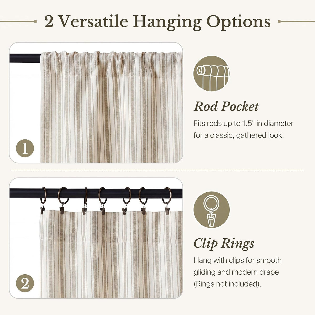 NICETOWN Beige Linen Striped Cafe Curtains 24 inches Long for Window