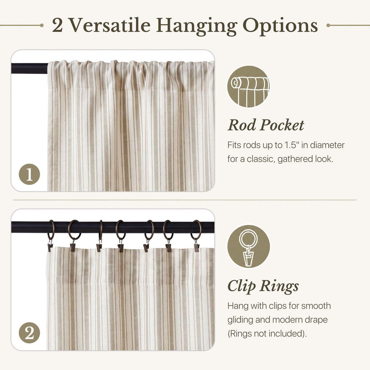 NICETOWN Beige Linen Striped Cafe Curtains 24 inches Long for Window