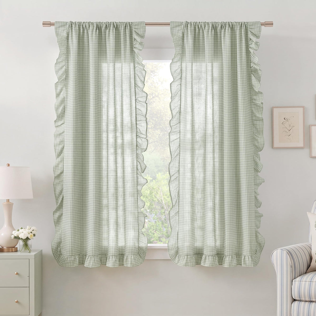 NICETOWN Sage Green Buffalo Plaid Ruffle Curtains 84 Inches Long for Bedroom, Privacy Linen Sheer Rococo Shabby Chic Window Gingham Drapes for Living Room, Rod Pocket, 40" W x 84" L, 2 Panels