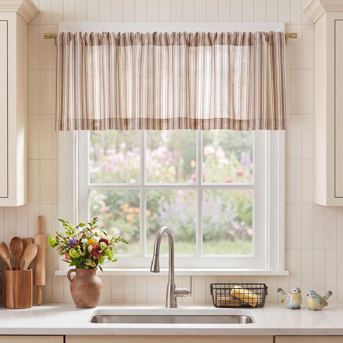NICETOWN Beige Linen Striped Cafe Curtains 24 inches Long for Window