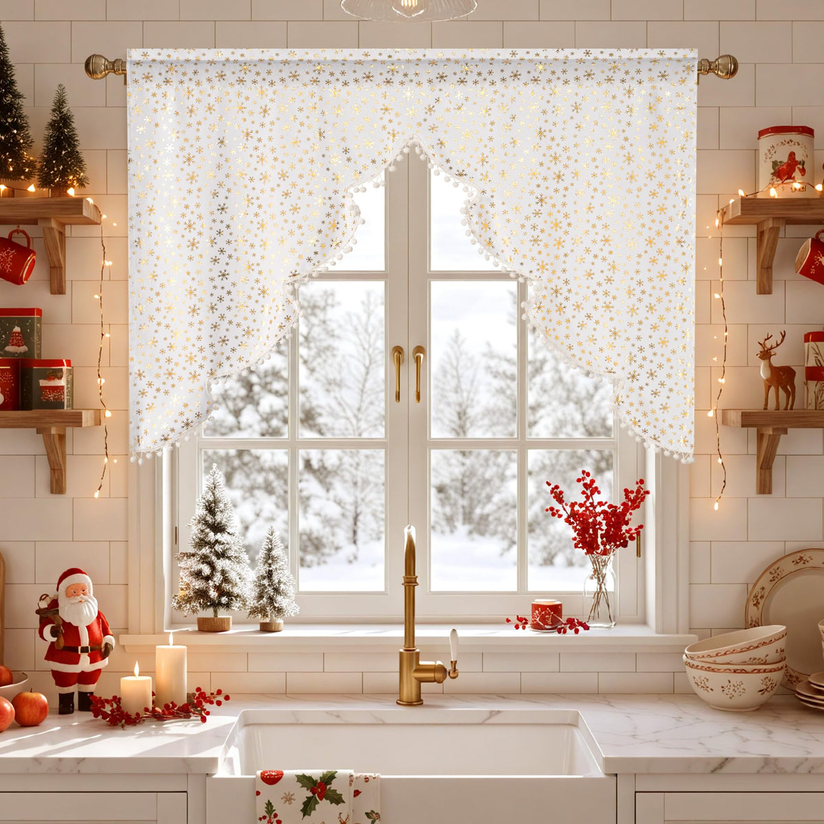 NICETOWN Red Christmas Tree Vintage Plaid Pom-Poms Valance, 42Wx36L, 1PC
