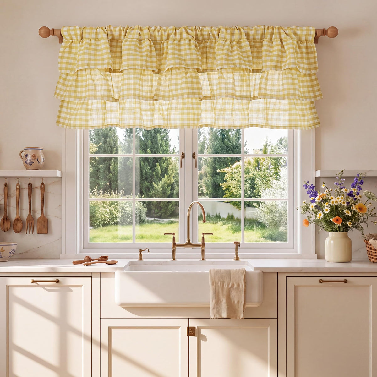 NICETOWN Taupe Linen Ruffle Gingham Plaid Valances for Windows, 1 Panel