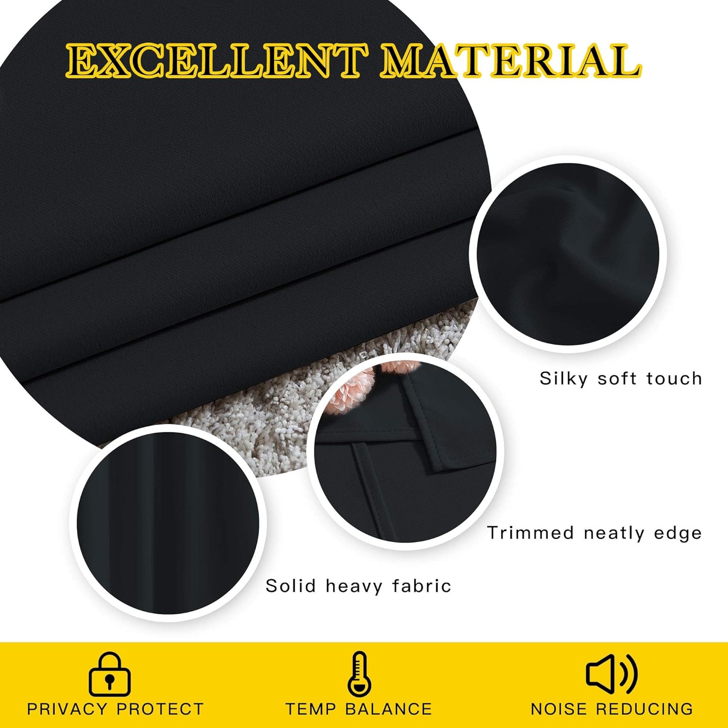 Close-up of black blackout curtain fabric showing its silky soft touch, solid heavy material, and neatly trimmed edges, highlighting quality.