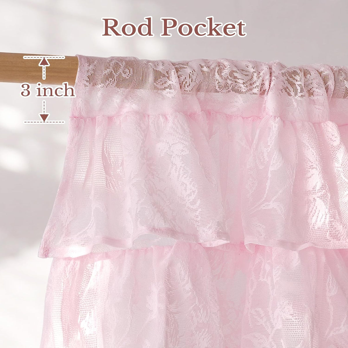 NICETOWN Blush Pink Lace Ruffle Valance Curtain, 1 Panel W52 x L18 Inch, Country Rustic Floral Sheer Valance for Kitchen/Girls Room Window, Rod Pocket Privacy Light Filtering