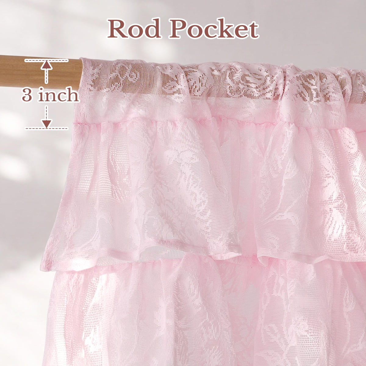 NICETOWN Blush Pink Lace Ruffle Valance Curtain, 1 Panel W52 x L18 Inch, Country Rustic Floral Sheer Valance for Kitchen/Girls Room Window, Rod Pocket Privacy Light Filtering