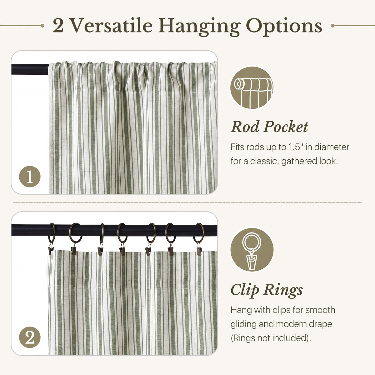 NICETOWN Beige Linen Striped Cafe Curtains 24 inches Long for Window