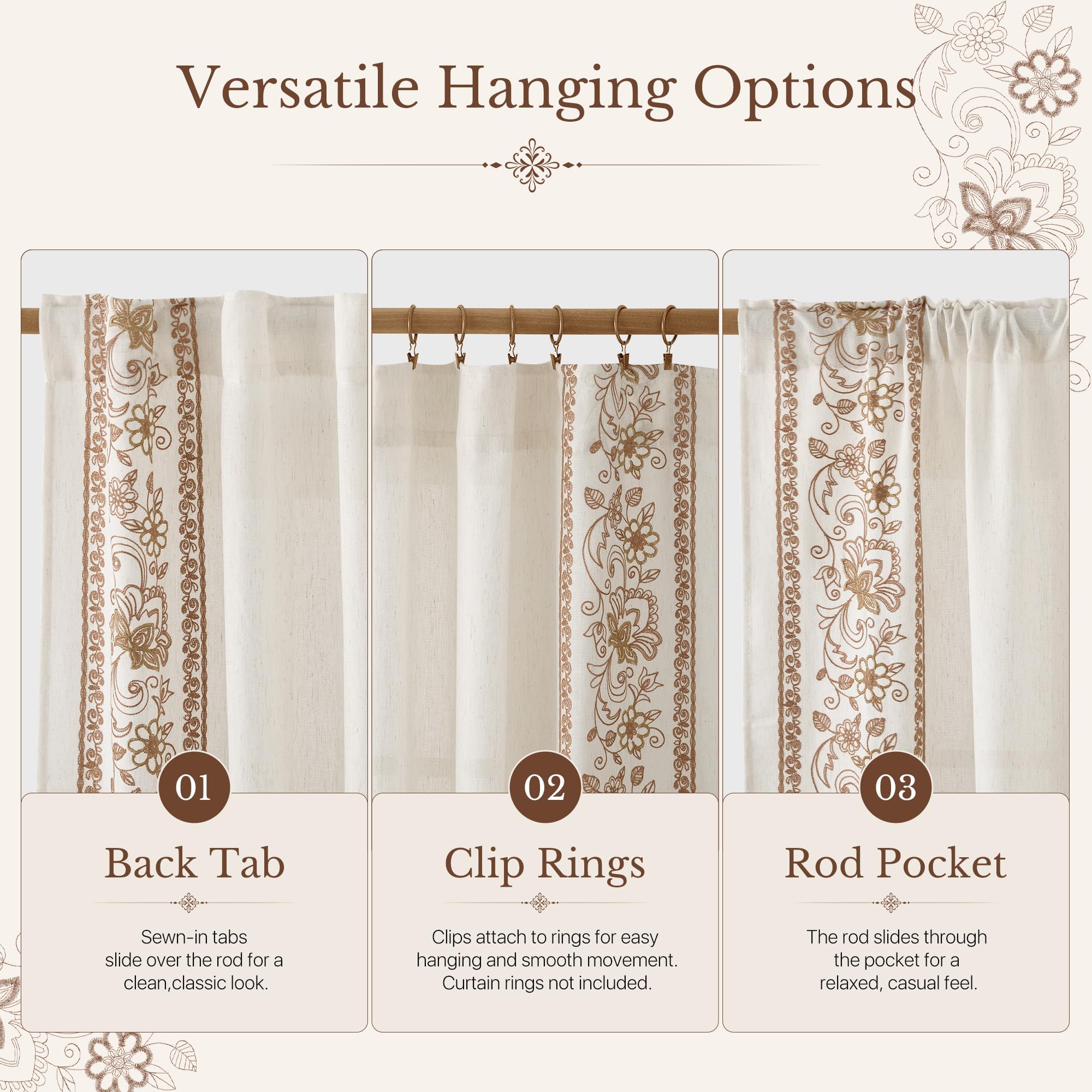 Floral Embroidered Linen Ready Made Curtains - Pair
