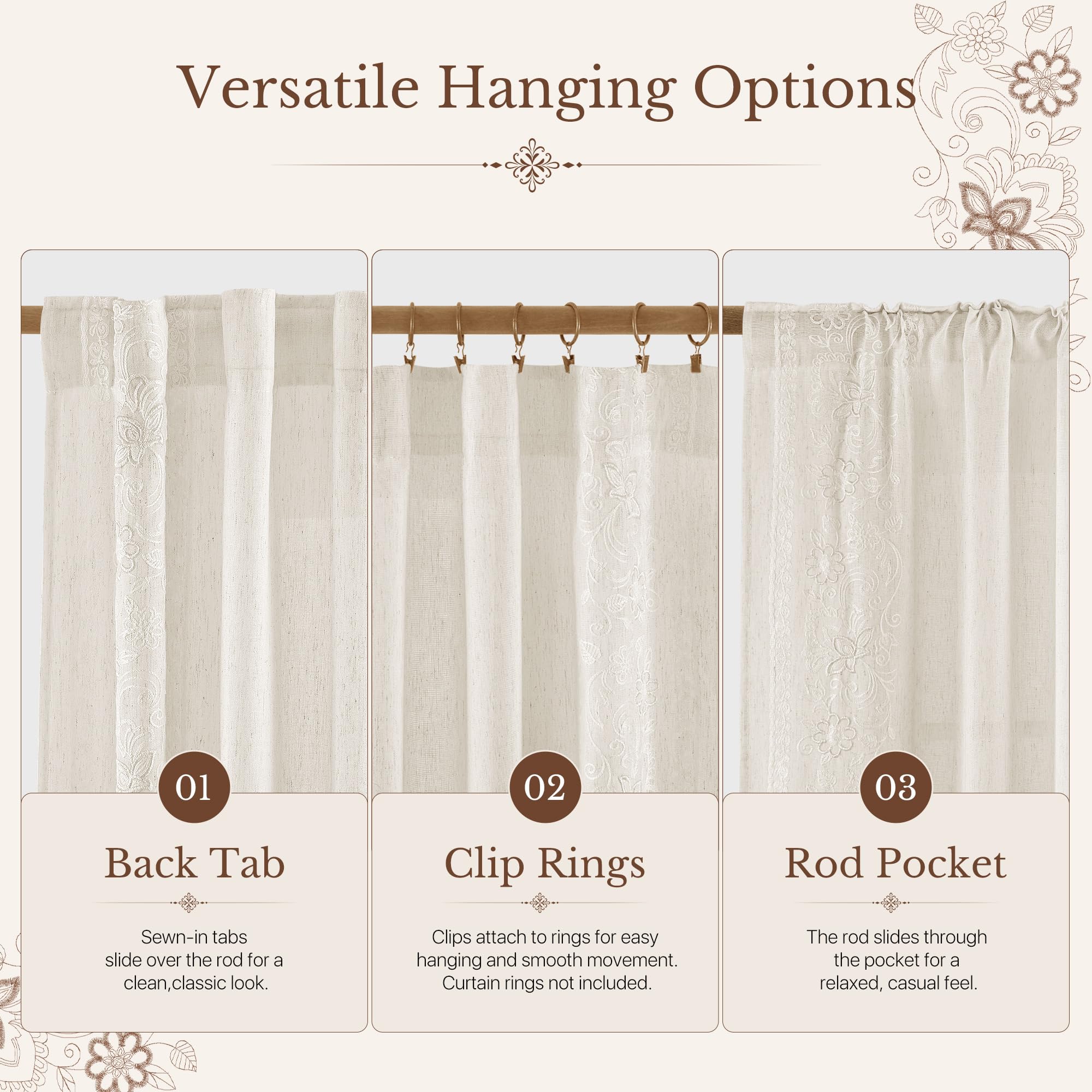 Floral Embroidered Linen Ready Made Curtains - Pair