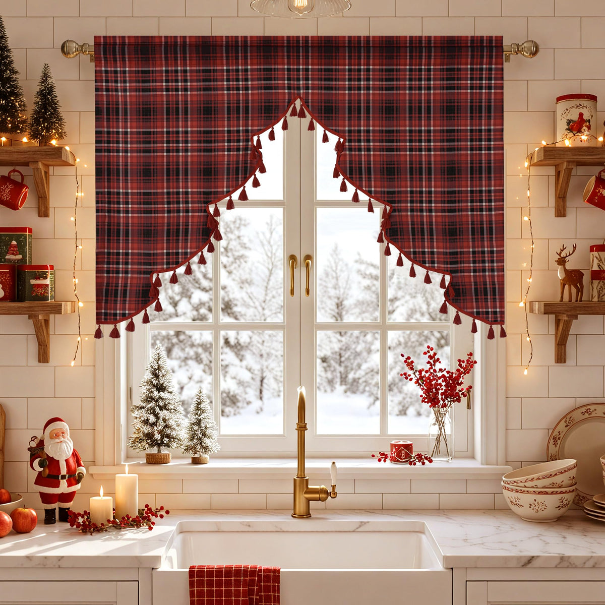 NICETOWN Red Christmas Tree Vintage Plaid Pom-Poms Valance, 42Wx36L, 1PC