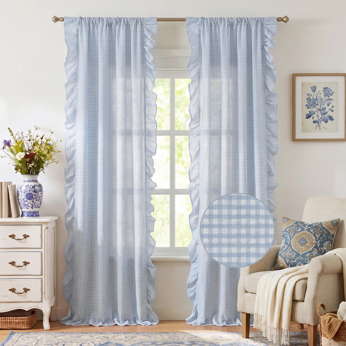 NICETOWN Sage Green Buffalo Plaid Ruffle Curtains 84 Inches Long for Bedroom, Privacy Linen Sheer Rococo Shabby Chic Window Gingham Drapes for Living Room, Rod Pocket, 40" W x 84" L, 2 Panels