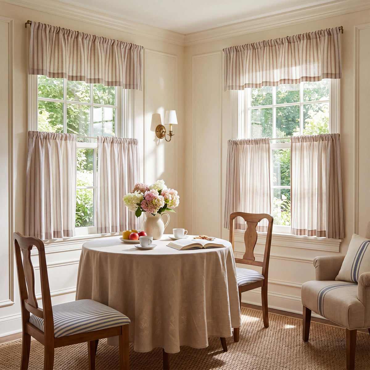 NICETOWN Beige Linen Striped Cafe Curtains 24 inches Long for Window
