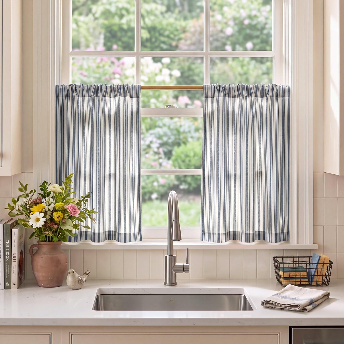 NICETOWN Beige Linen Striped Cafe Curtains 24 inches Long for Window