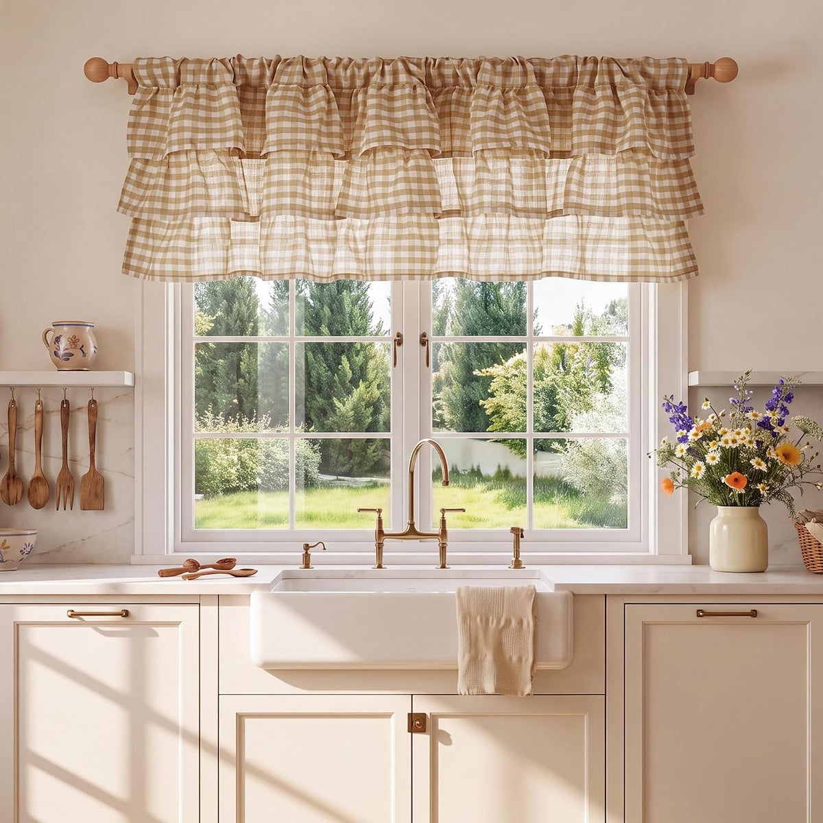 NICETOWN Taupe Linen Ruffle Gingham Plaid Valances for Windows, 1 Panel