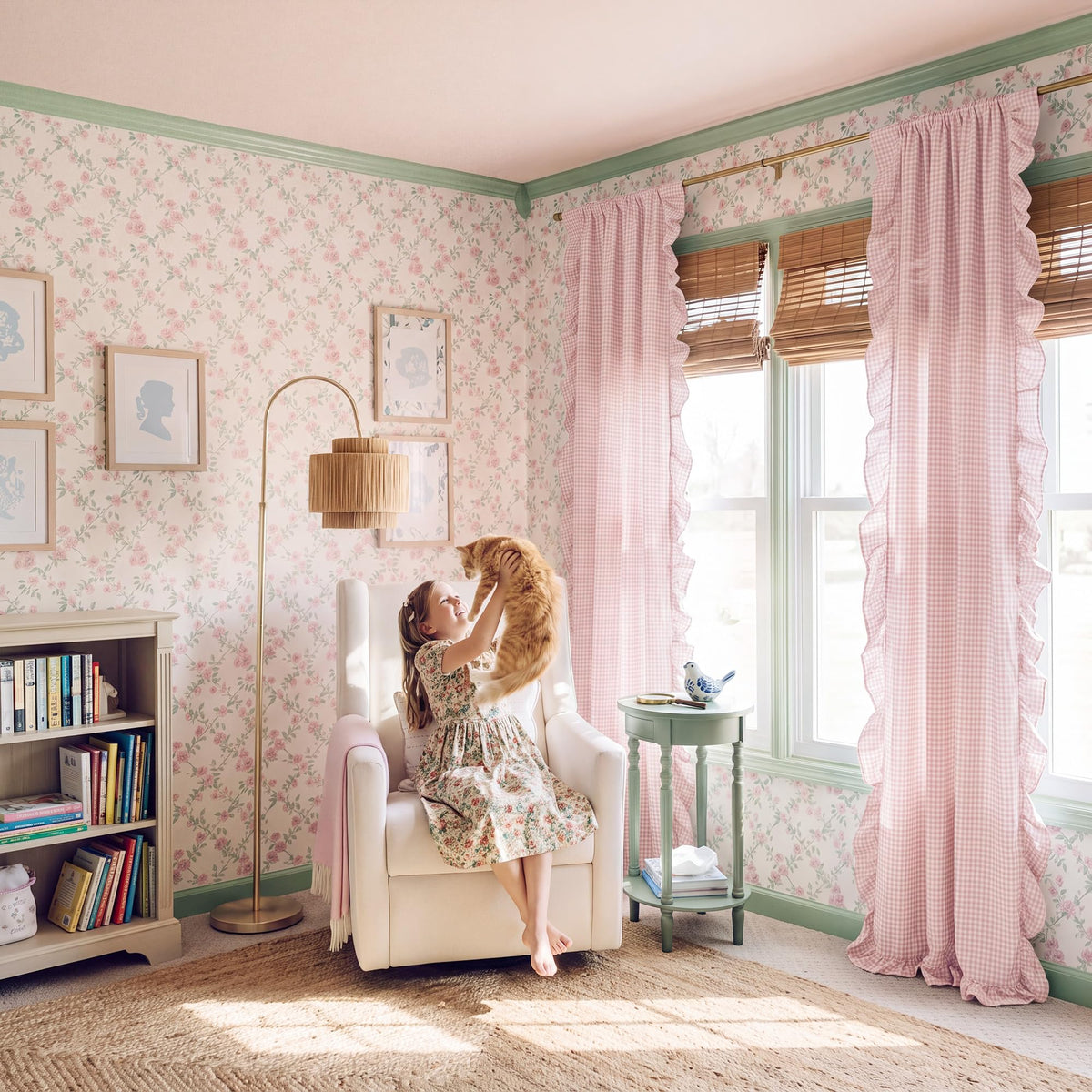 NICETOWN Sage Green Buffalo Plaid Ruffle Curtains 84 Inches Long for Bedroom, Privacy Linen Sheer Rococo Shabby Chic Window Gingham Drapes for Living Room, Rod Pocket, 40" W x 84" L, 2 Panels