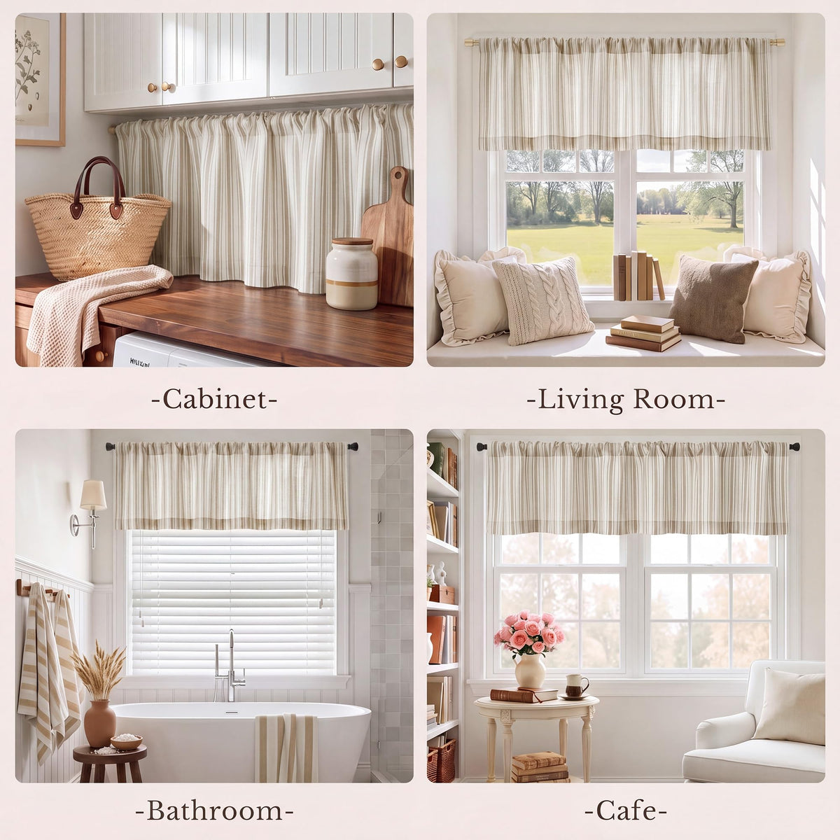 NICETOWN Beige Linen Striped Cafe Curtains 24 inches Long for Window