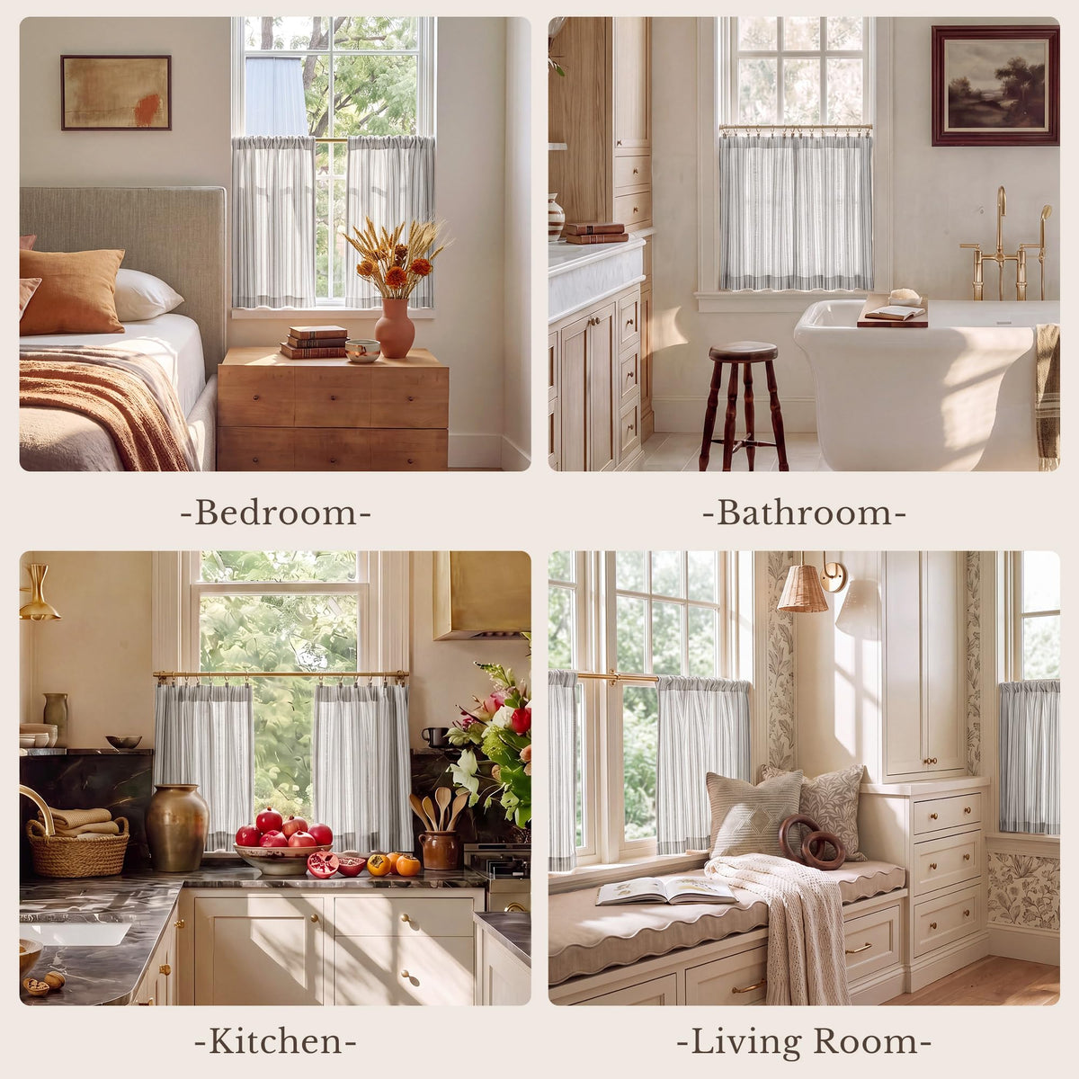 NICETOWN Beige Linen Striped Cafe Curtains 24 inches Long for Window