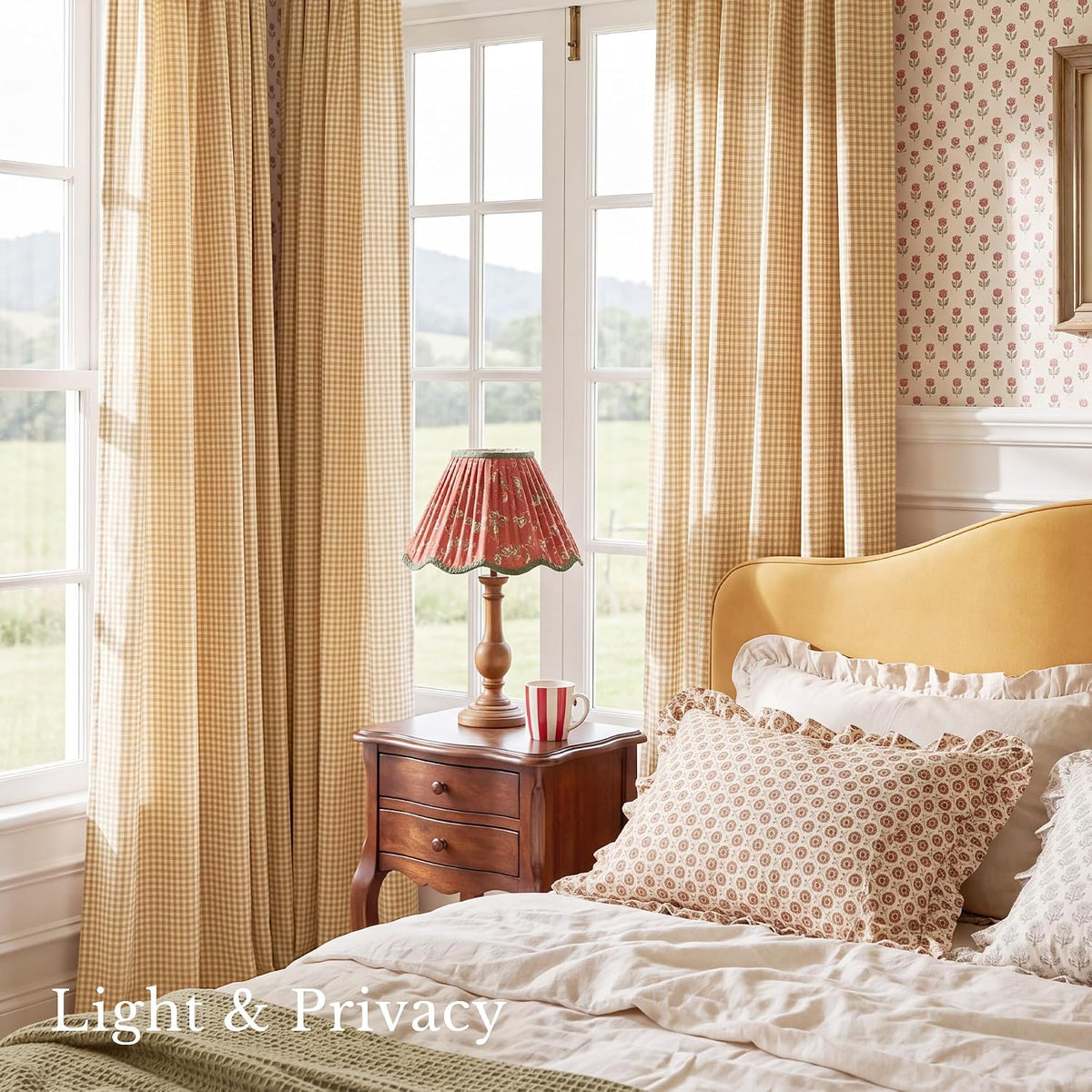 NICETOWN Creamy Yellow Buffalo Plaid Linen Rustic Curtains 84 Inches Long