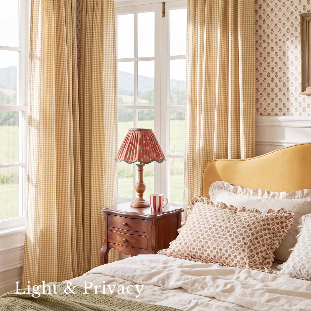 NICETOWN Creamy Yellow Buffalo Plaid Linen Rustic Curtains 84 Inches Long