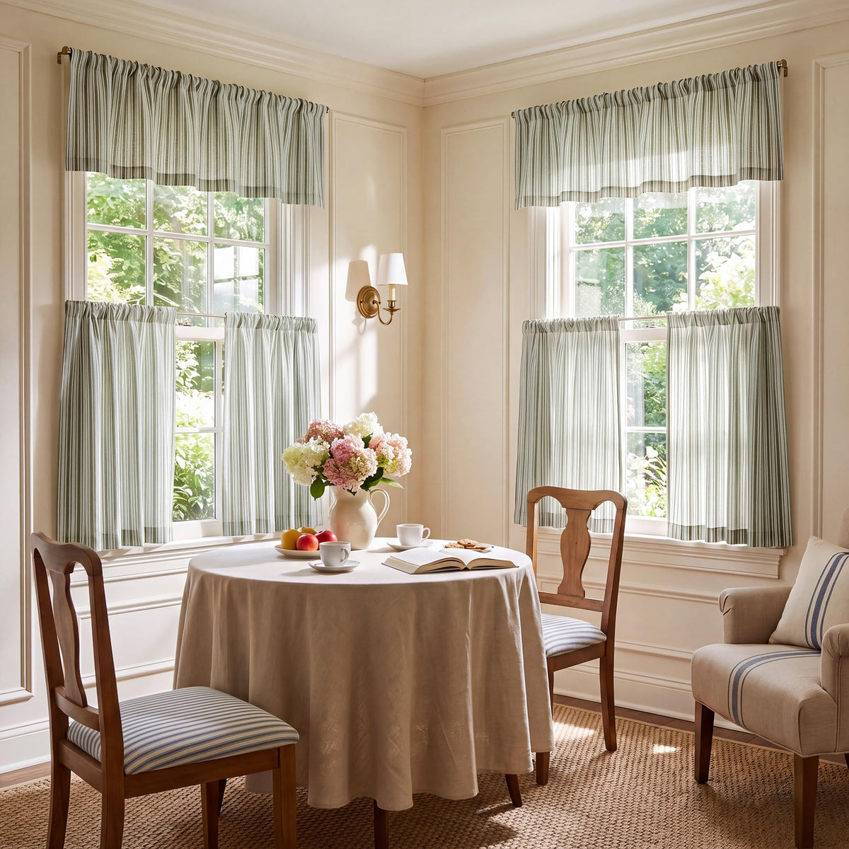 NICETOWN Beige Linen Striped Cafe Curtains 24 inches Long for Window