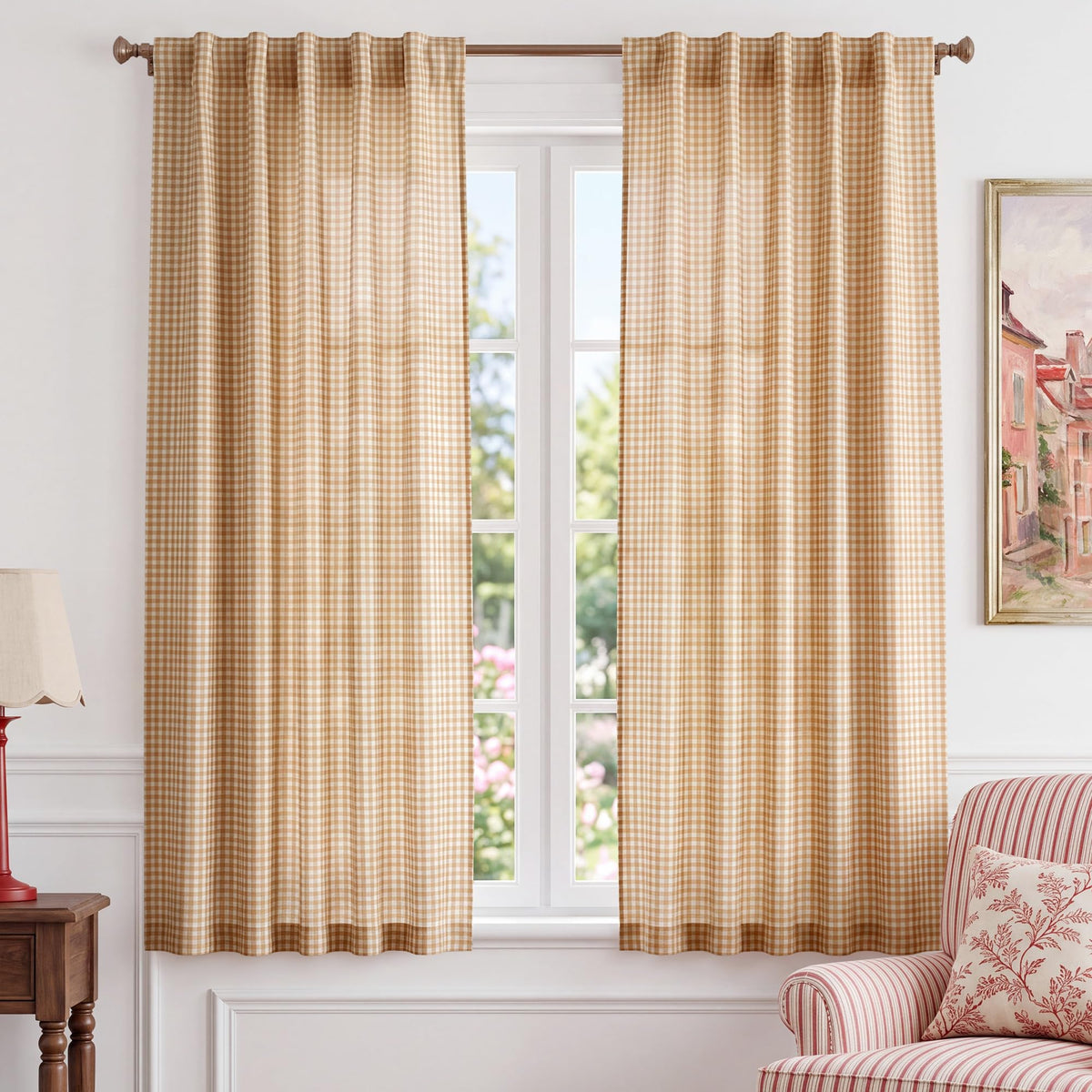 NICETOWN Creamy Yellow Buffalo Plaid Linen Rustic Curtains 84 Inches Long