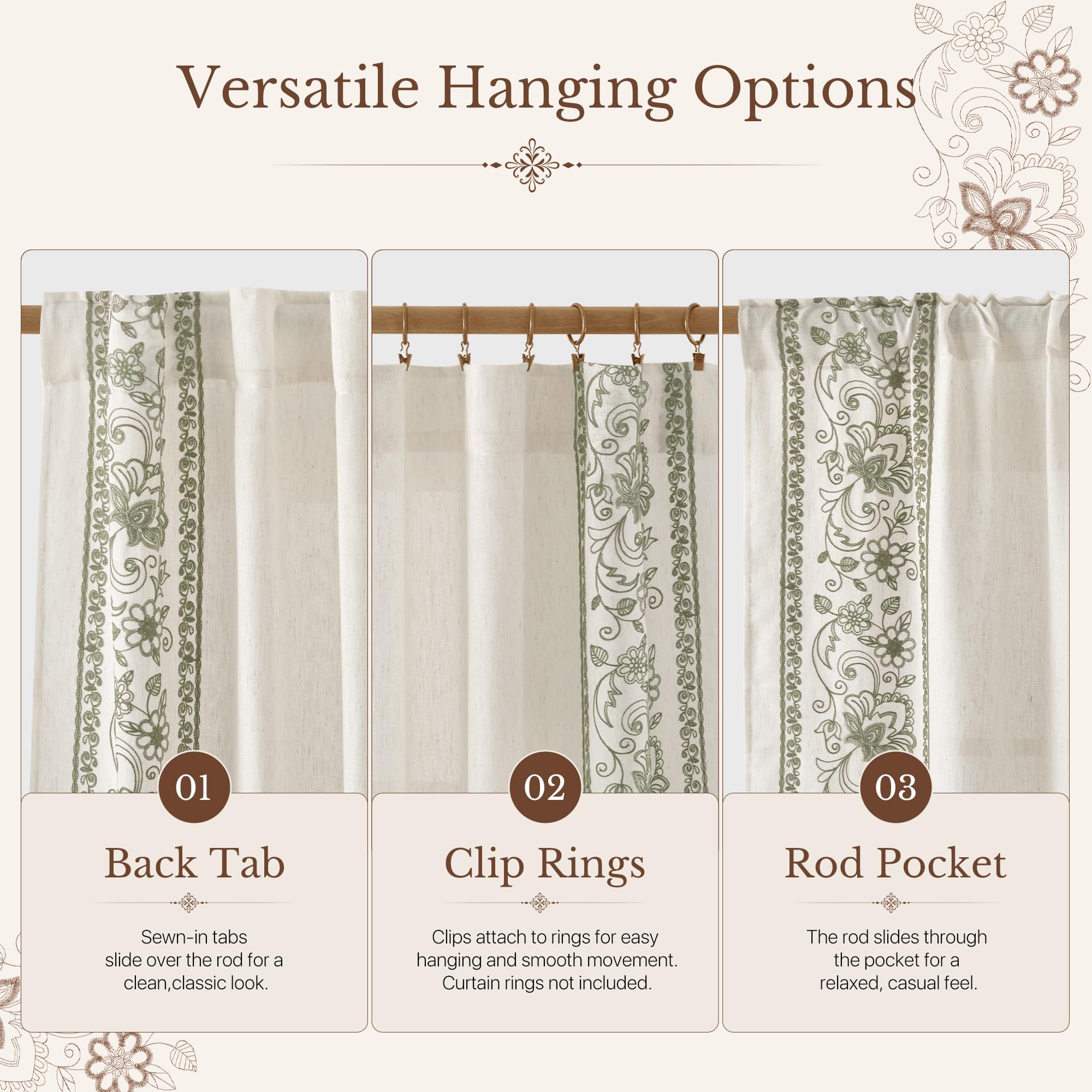 Floral Embroidered Linen Ready Made Curtains - Pair
