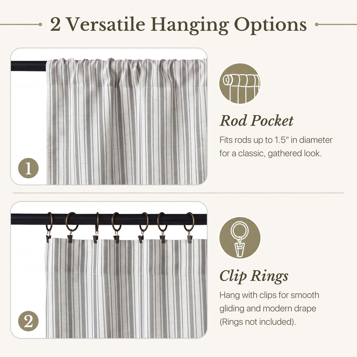 NICETOWN Beige Linen Striped Cafe Curtains 24 inches Long for Window