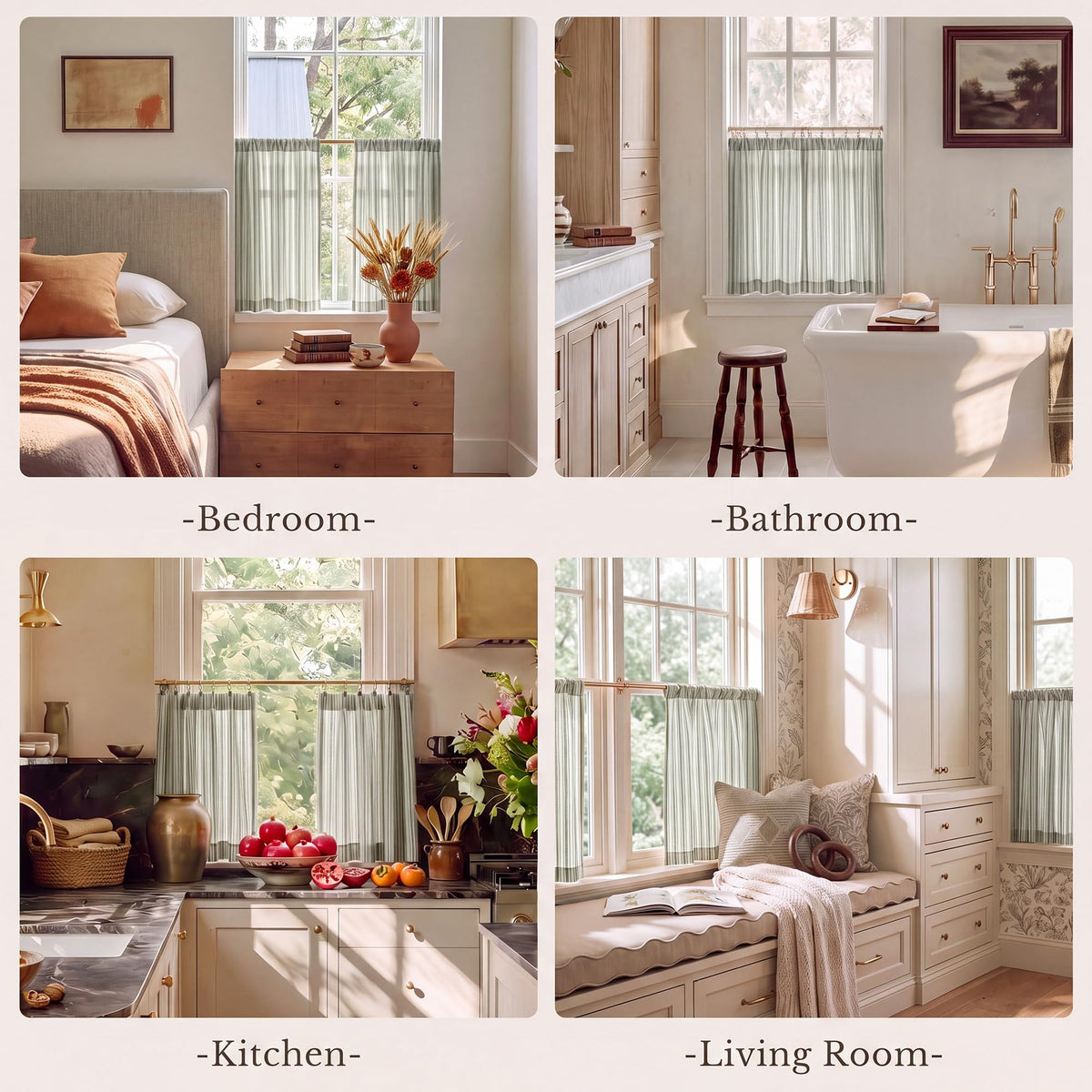 NICETOWN Beige Linen Striped Cafe Curtains 24 inches Long for Window