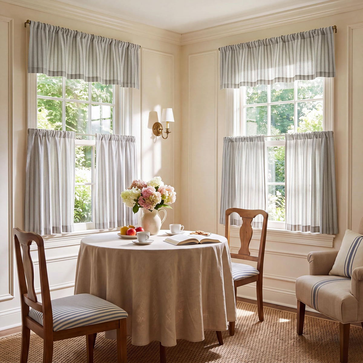 NICETOWN Beige Linen Striped Cafe Curtains 24 inches Long for Window