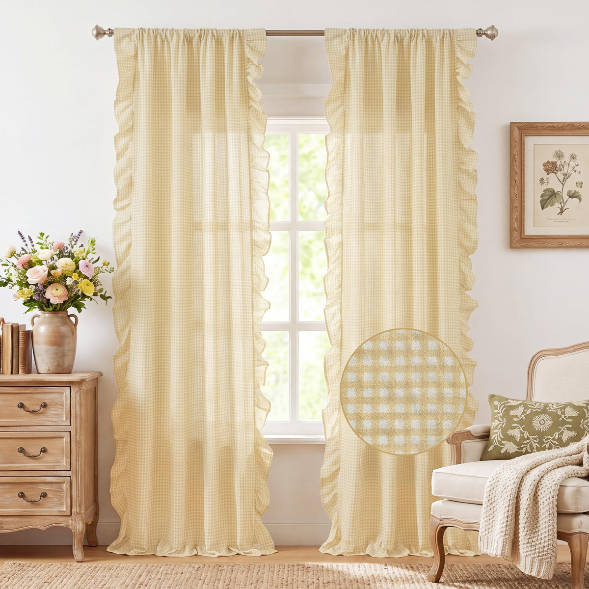 NICETOWN Sage Green Buffalo Plaid Ruffle Curtains 84 Inches Long for Bedroom, Privacy Linen Sheer Rococo Shabby Chic Window Gingham Drapes for Living Room, Rod Pocket, 40" W x 84" L, 2 Panels