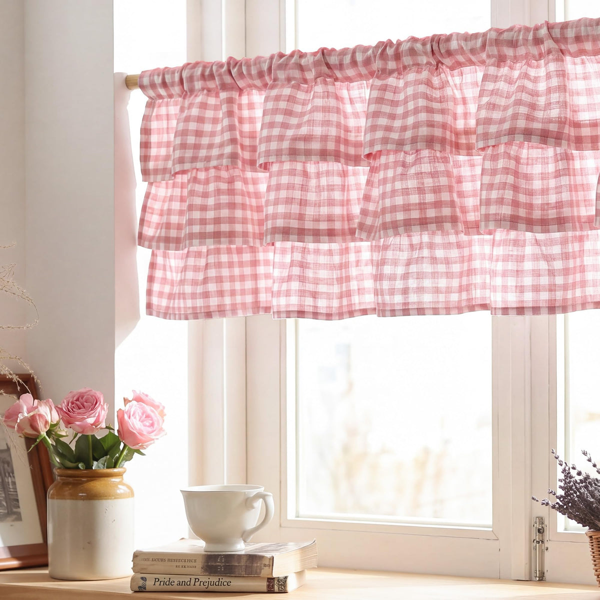 NICETOWN Taupe Linen Ruffle Gingham Plaid Valances for Windows, 1 Panel