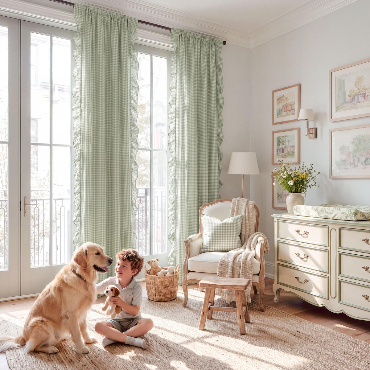 NICETOWN Sage Green Buffalo Plaid Ruffle Curtains 84 Inches Long for Bedroom, Privacy Linen Sheer Rococo Shabby Chic Window Gingham Drapes for Living Room, Rod Pocket, 40" W x 84" L, 2 Panels