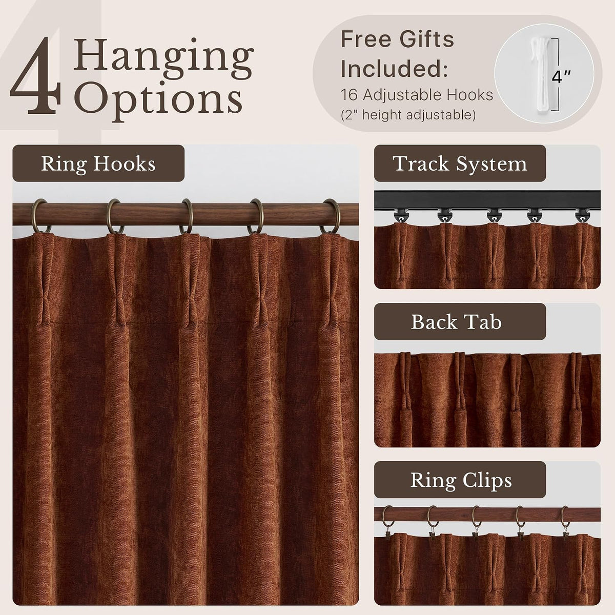 NICETOWN Pinch Pleated Blackout Curtains 84 Inch Long, Red Terracotta