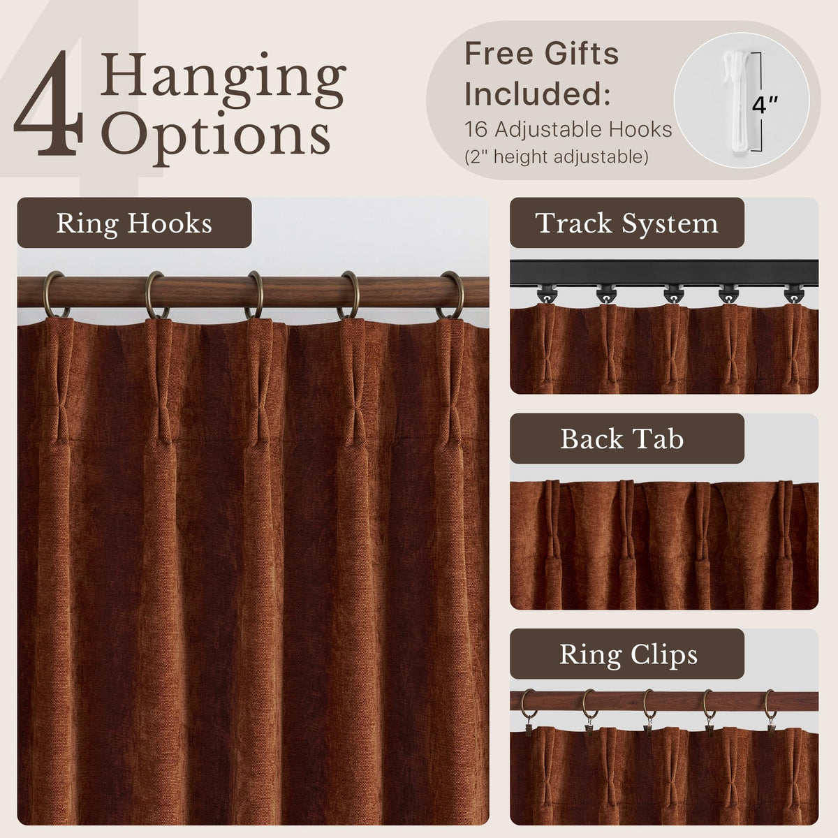 NICETOWN Pinch Pleated Blackout Curtains 84 Inch Long, Red Terracotta