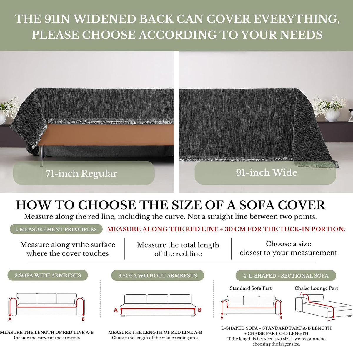NICETOWN Two-Tone Chenille Loveseat Couch Covers, 71"x91", Charcoal Grey