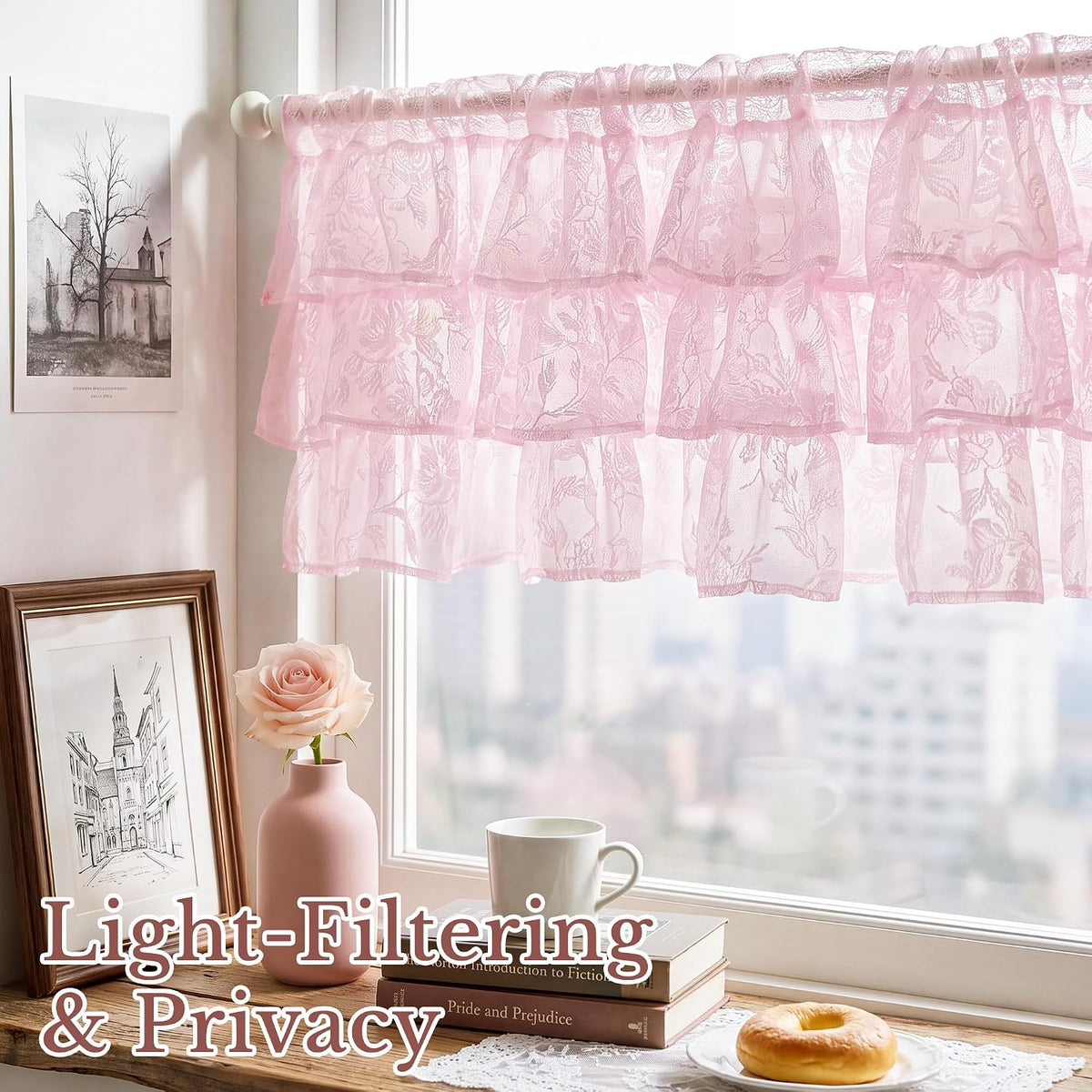 NICETOWN Blush Pink Lace Ruffle Valance Curtain, 1 Panel W52 x L18 Inch, Country Rustic Floral Sheer Valance for Kitchen/Girls Room Window, Rod Pocket Privacy Light Filtering
