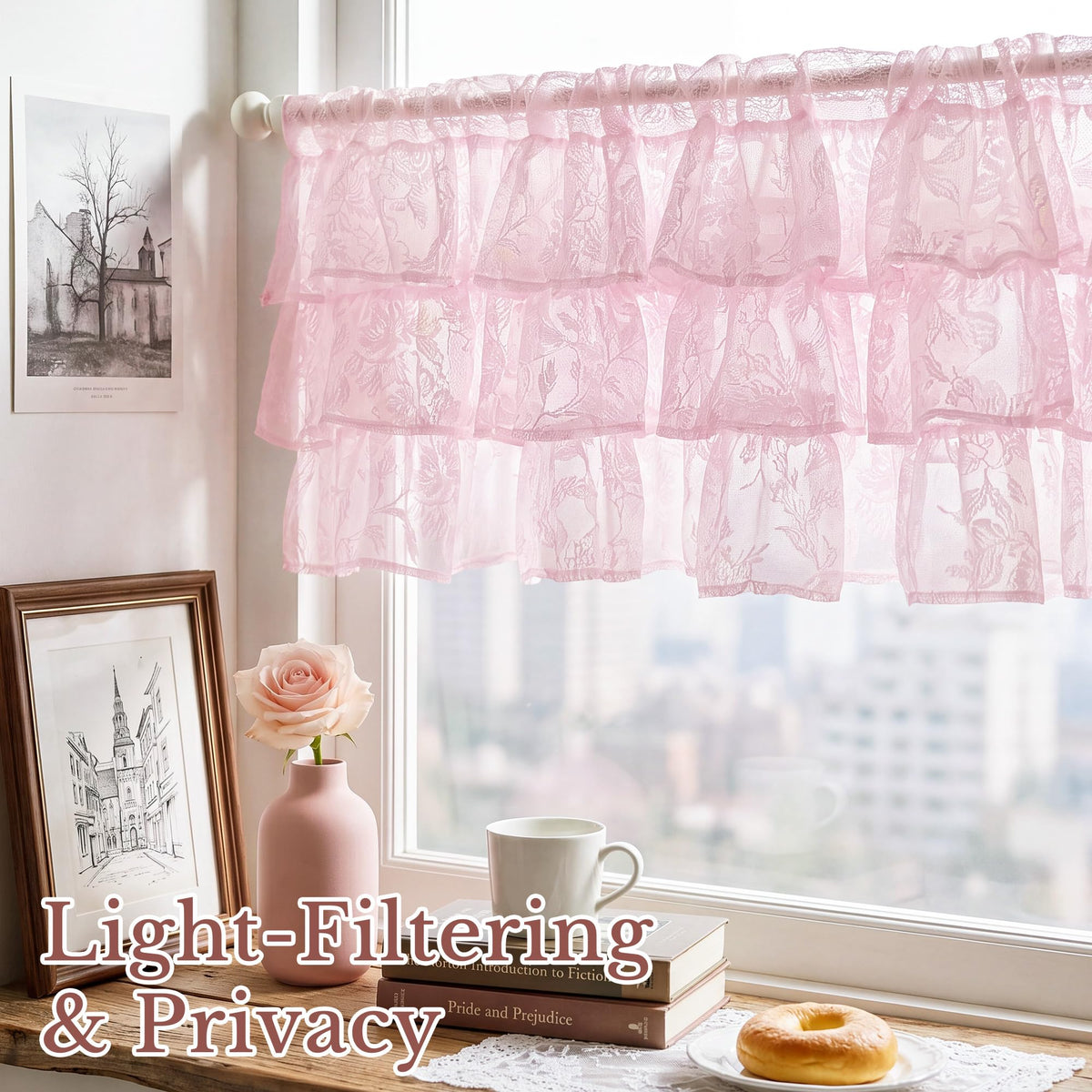 NICETOWN Blush Pink Lace Ruffle Valance Curtain, 1 Panel W52 x L18 Inch, Country Rustic Floral Sheer Valance for Kitchen/Girls Room Window, Rod Pocket Privacy Light Filtering
