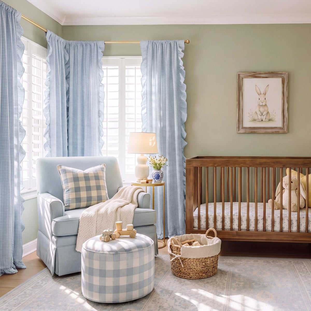NICETOWN Sage Green Buffalo Plaid Ruffle Curtains 84 Inches Long for Bedroom, Privacy Linen Sheer Rococo Shabby Chic Window Gingham Drapes for Living Room, Rod Pocket, 40" W x 84" L, 2 Panels