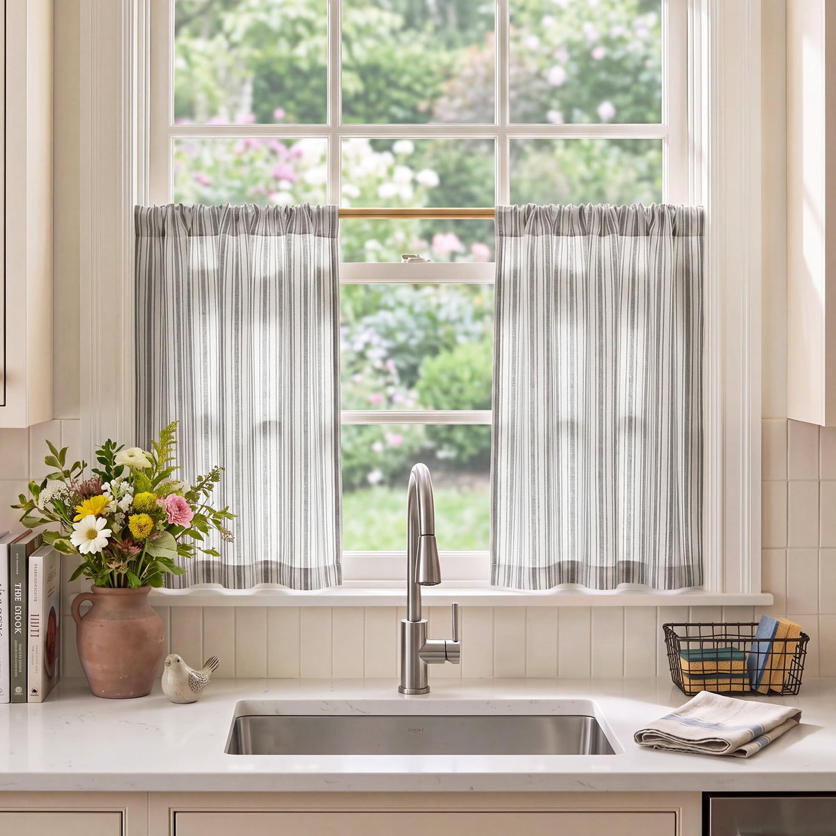 NICETOWN Beige Linen Striped Cafe Curtains 24 inches Long for Window