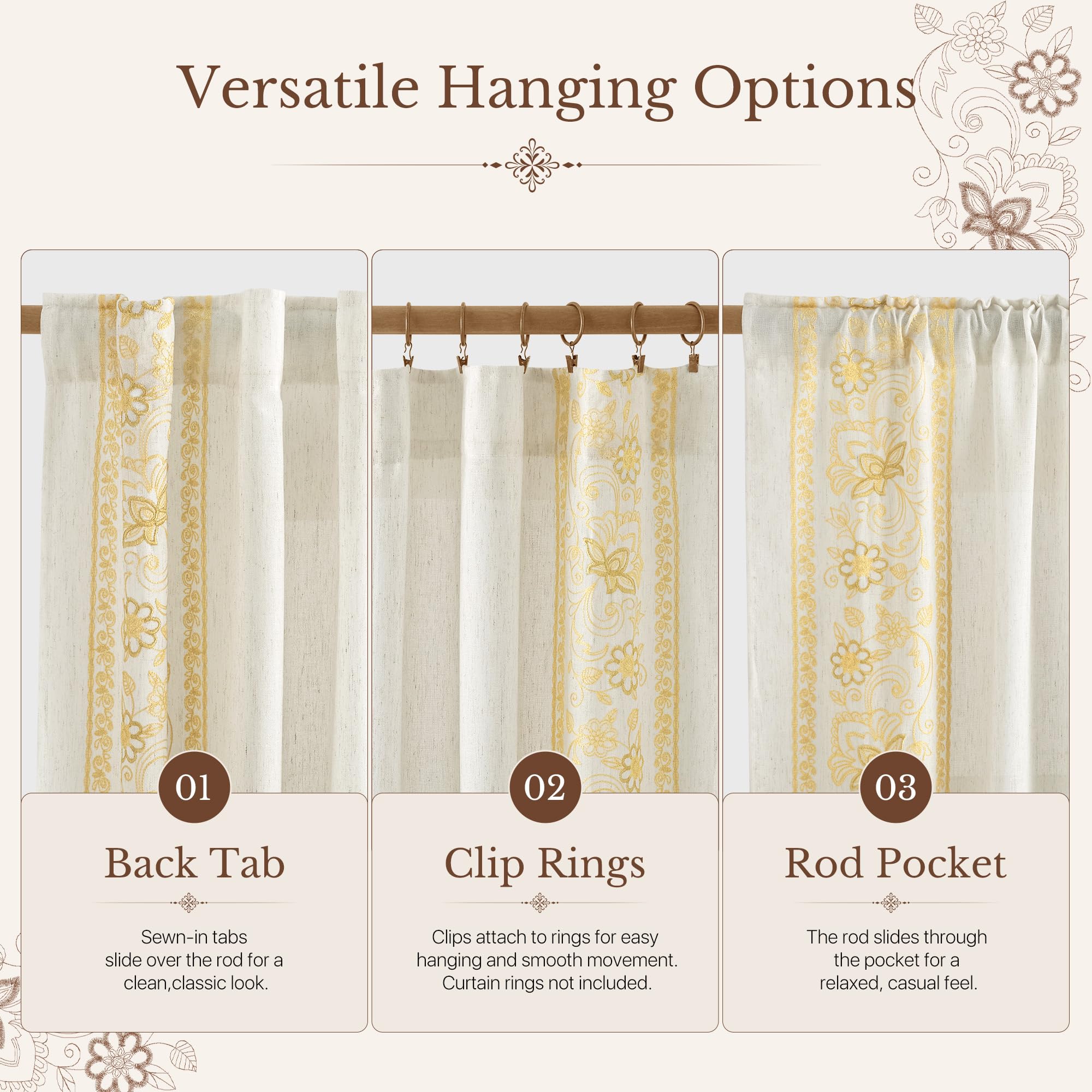Floral Embroidered Linen Ready Made Curtains - Pair