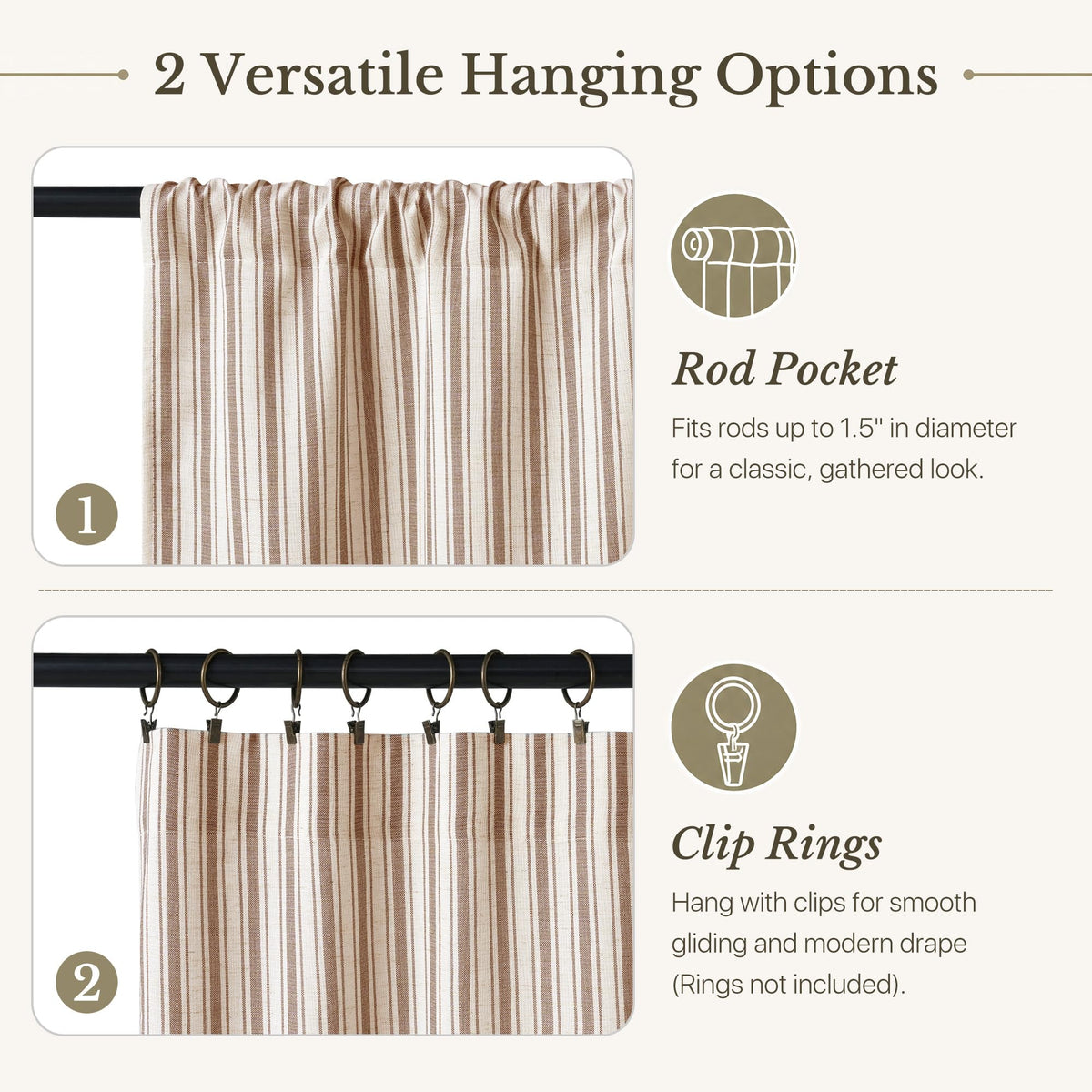 NICETOWN Beige Linen Striped Cafe Curtains 24 inches Long for Window