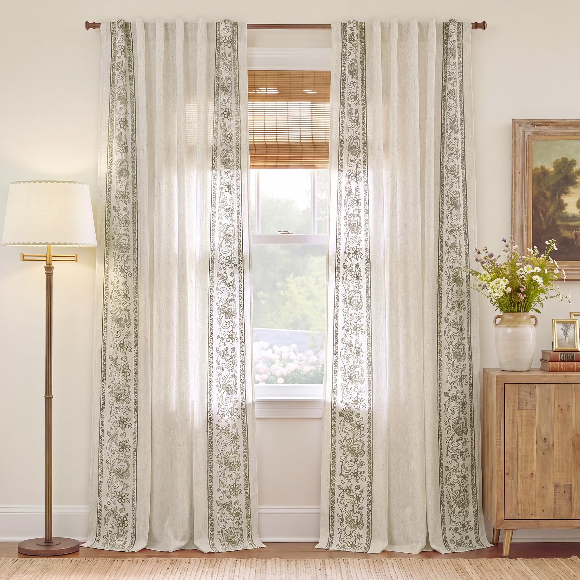 Floral Embroidered Linen Ready Made Curtains - Pair