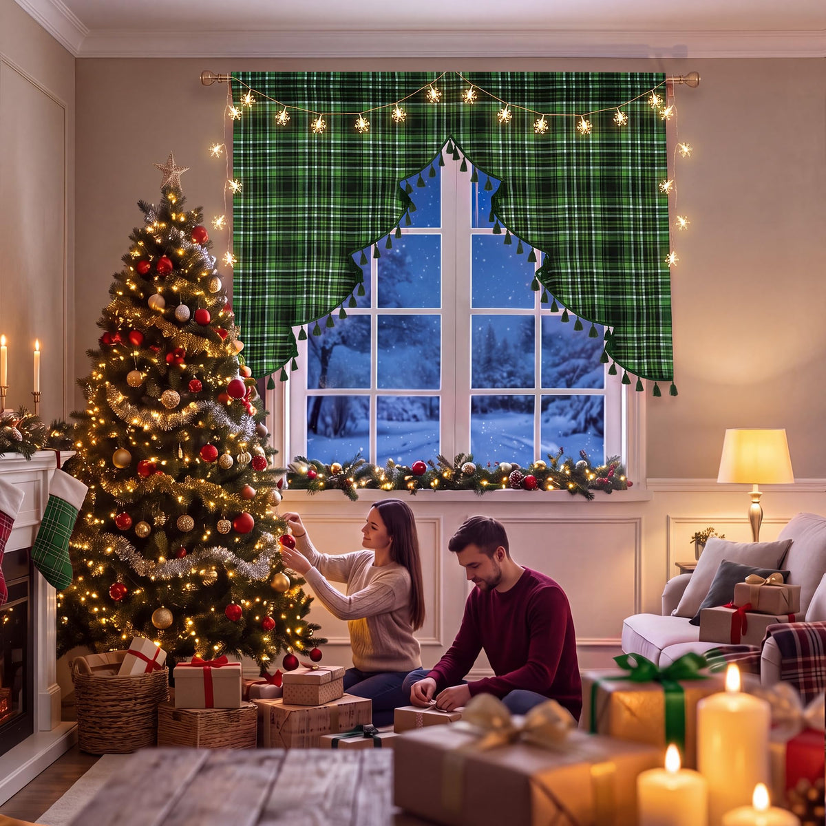 NICETOWN Red Christmas Tree Vintage Plaid Pom-Poms Valance, 42Wx36L, 1PC