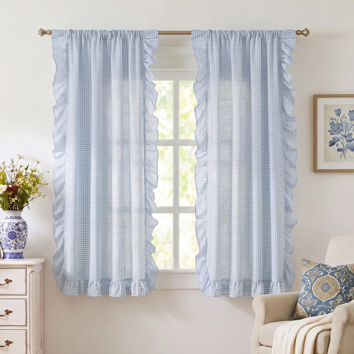 NICETOWN Sage Green Buffalo Plaid Ruffle Curtains 84 Inches Long for Bedroom, Privacy Linen Sheer Rococo Shabby Chic Window Gingham Drapes for Living Room, Rod Pocket, 40" W x 84" L, 2 Panels